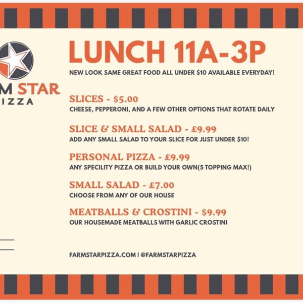 Farm Star Pizza's lunch menu, featuring pizza slices, personal pizzas, salads, and meatballs.